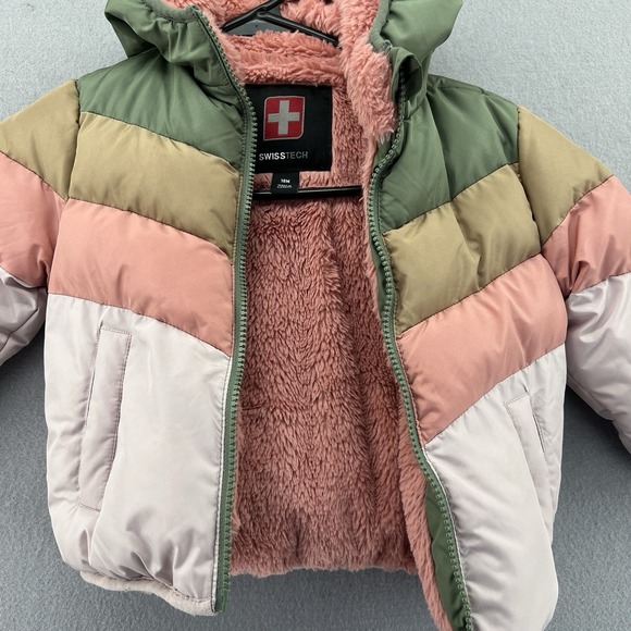 Swiss Tech Puffer Pink, Brown, Green Plush Lined Warm Hooded Coat Toddler 18mo - Picture 1 of 8
